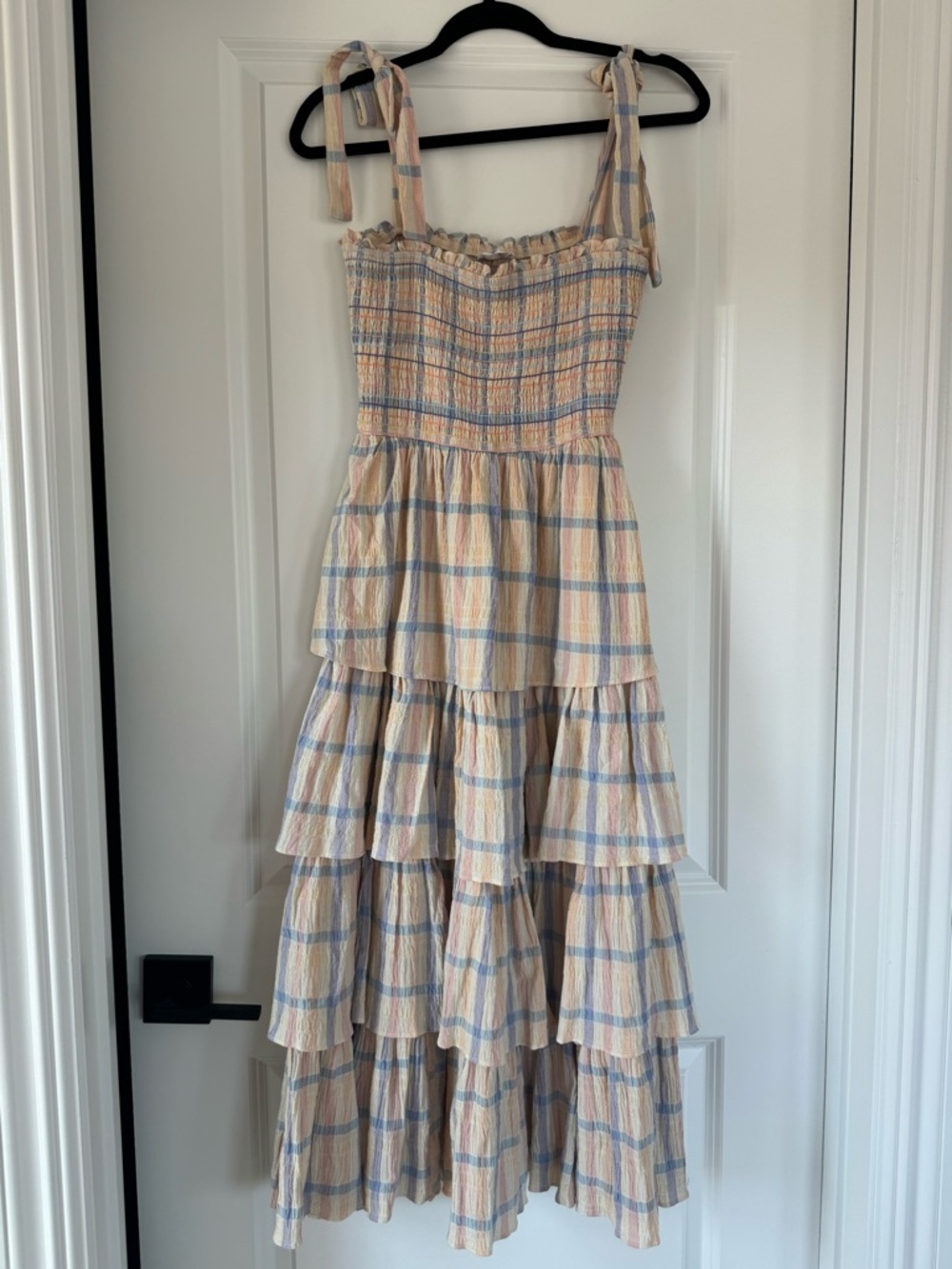 Tiered Plaid Tie-Strap Sundress in Cream and Blue